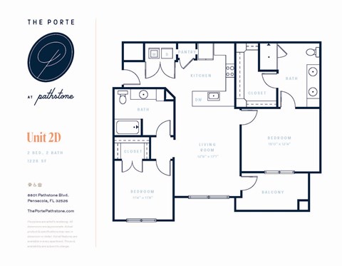 Floor plan for 2 beds, 2 baths, 1228 sqft